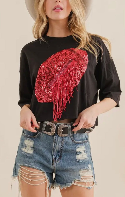 Game Day Sequin Football Crop T-Shirt