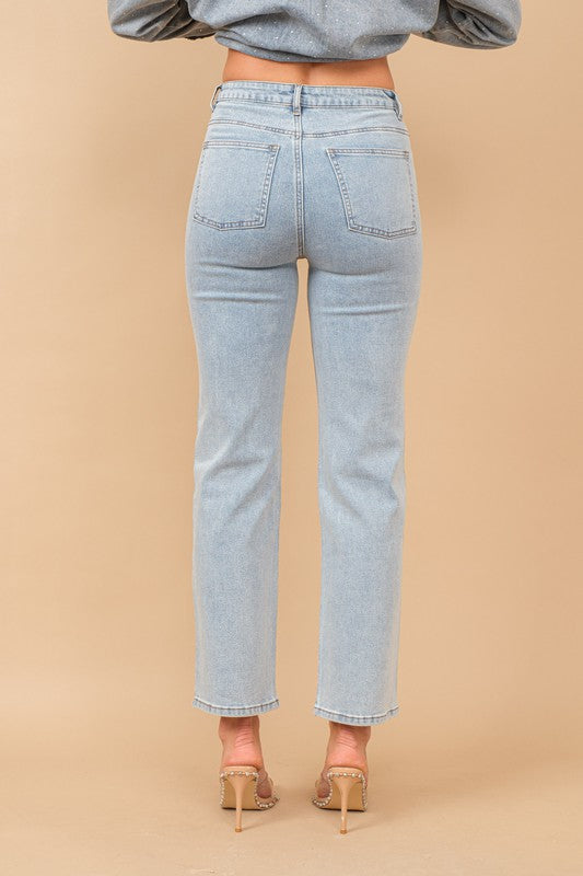 High Rise Rhinestone Denim Jeans
