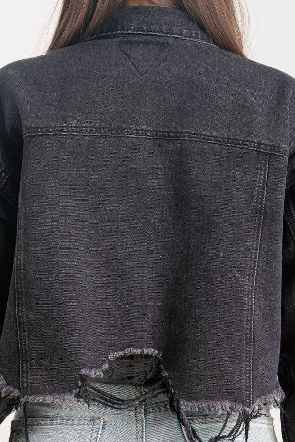 Distressed Crop Denim Jacket (Black)
