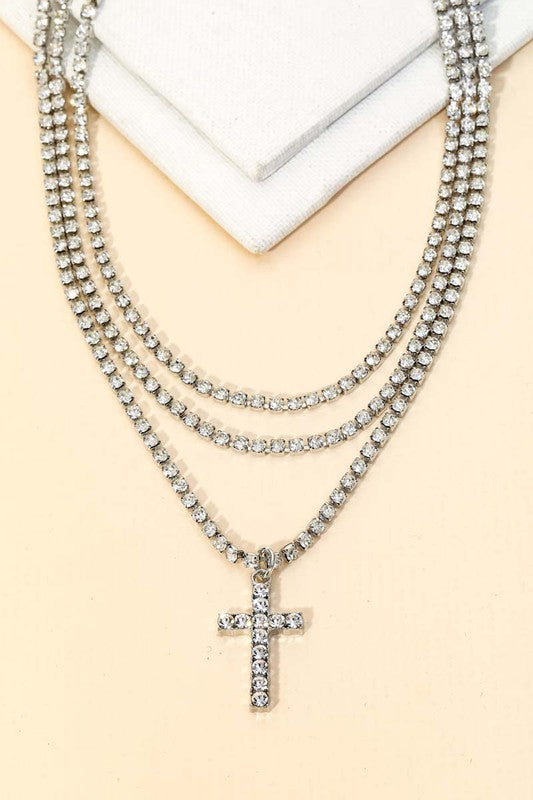 Pave Rhinestone Chain Layered Cross Necklace